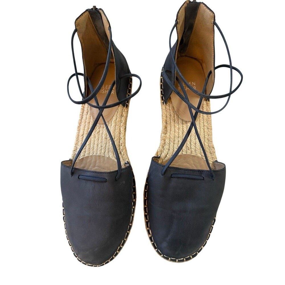 Eileen Fisher Flat Shoes Lace Leather Espadrille Wrap Sandal Black 8 Size: 81/2
